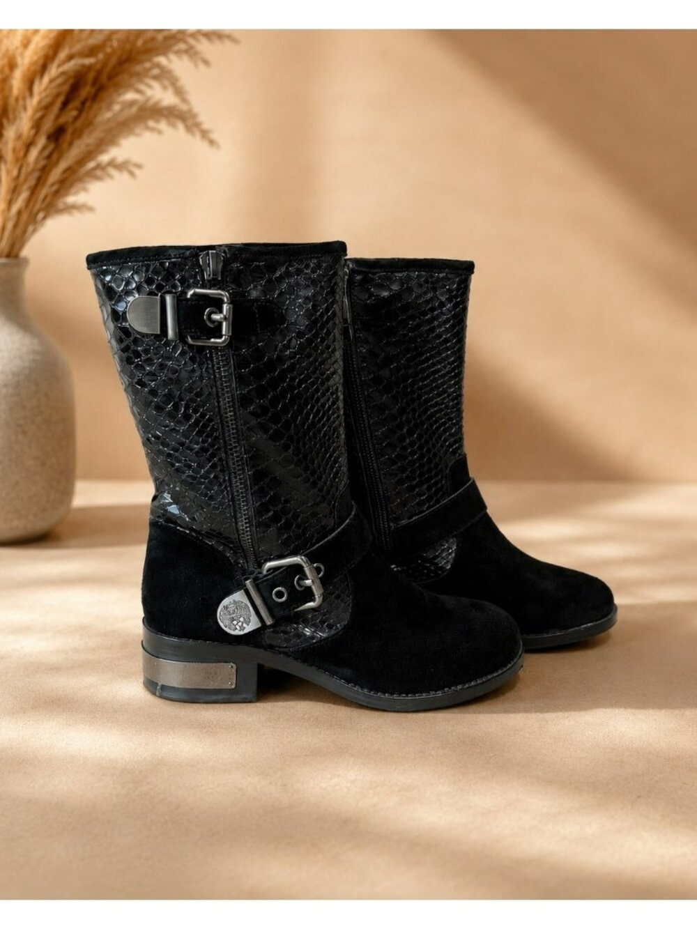 Vince Camuto Black Snakeskin Suede Moto Boots Size 7.5 NEW